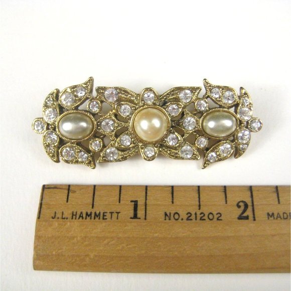 Imitation Pearl Bar Brooch 2.2 inch Pin Jewelry Goldtone Rhinestones Statement - Picture 6 of 7